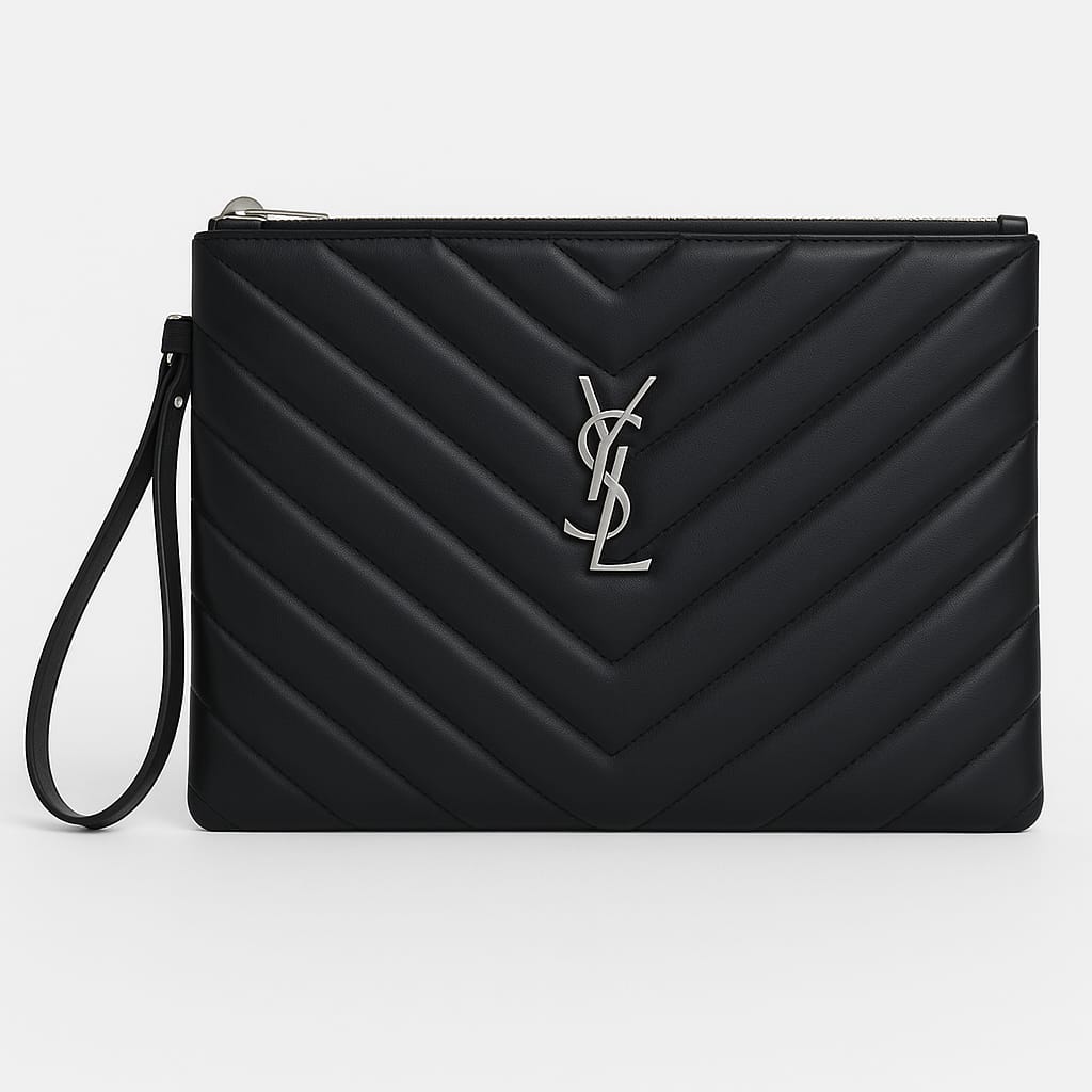 YSL Quilted Leather Clutch (Gold / Silver Logo) - الصورة 4
