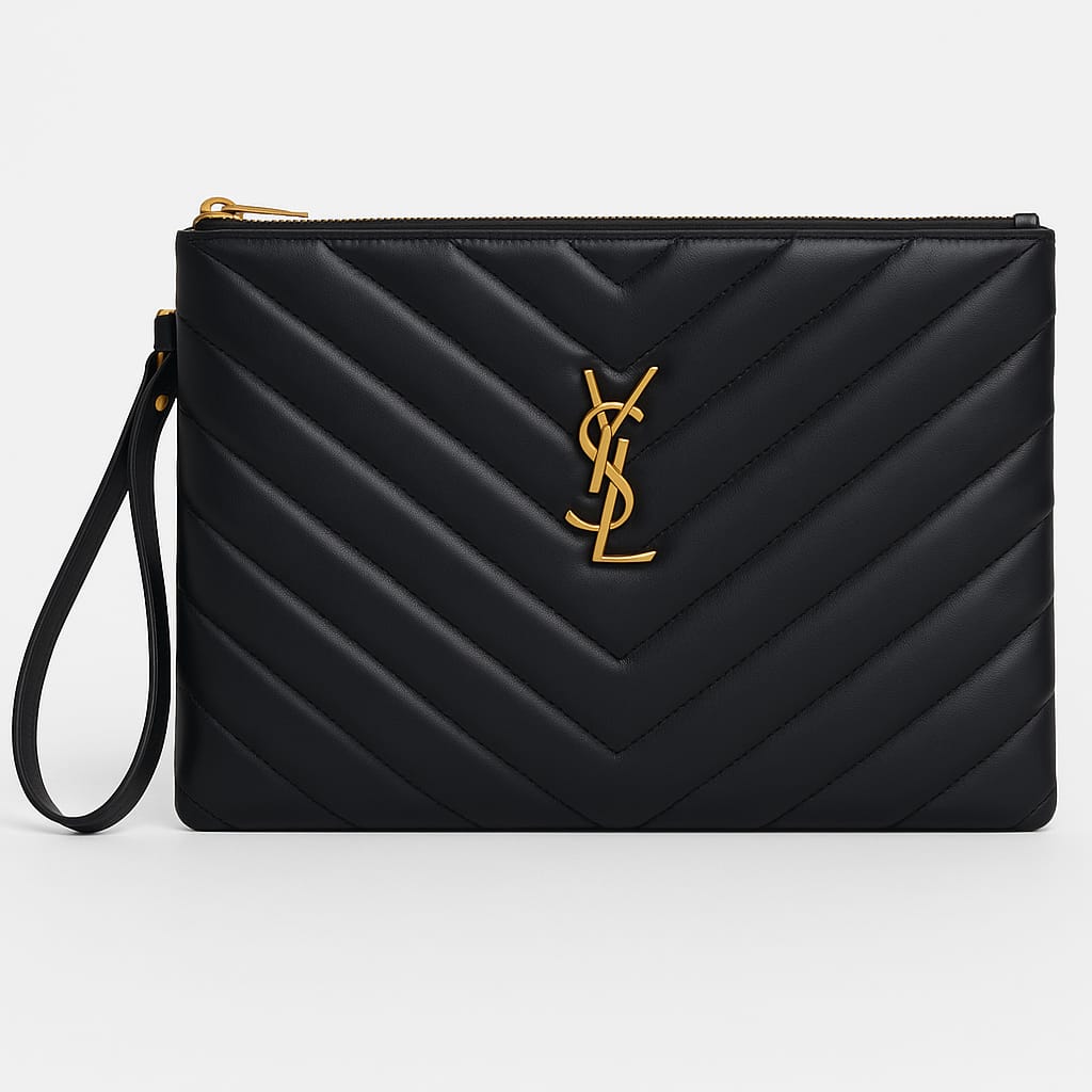 YSL Quilted Leather Clutch (Gold / Silver Logo)