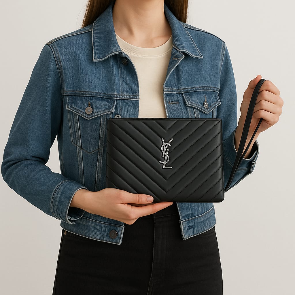 YSL Quilted Leather Clutch (Gold / Silver Logo) - الصورة 5