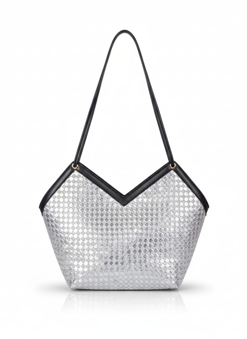 Woven Metallic V-Top Tote Shoulder Bag - Image 2