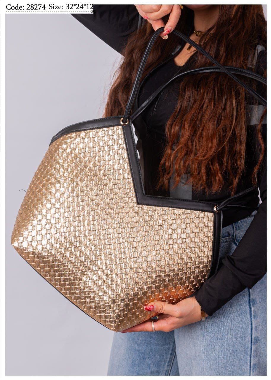 Woven Metallic V-Top Tote Shoulder Bag - Image 5