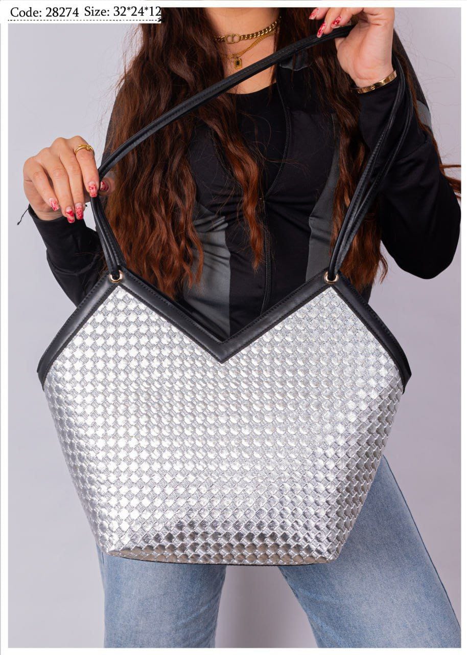 Woven Metallic V-Top Tote Shoulder Bag - Image 7